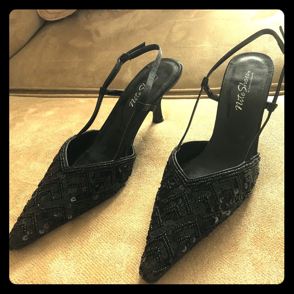 Beaded Strappy Black Pumps